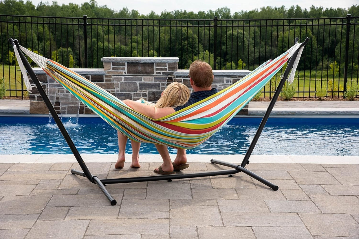 Double Polyester Hammock with Steel Stand, Space - Saving, Adjustable Comfort - Kwikley