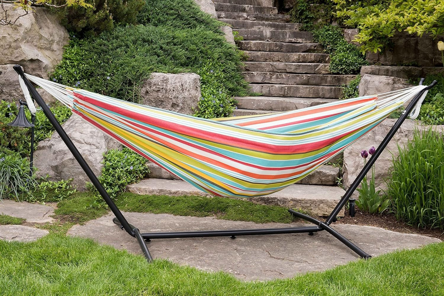 Double Polyester Hammock with Steel Stand, Space - Saving, Adjustable Comfort - Kwikley
