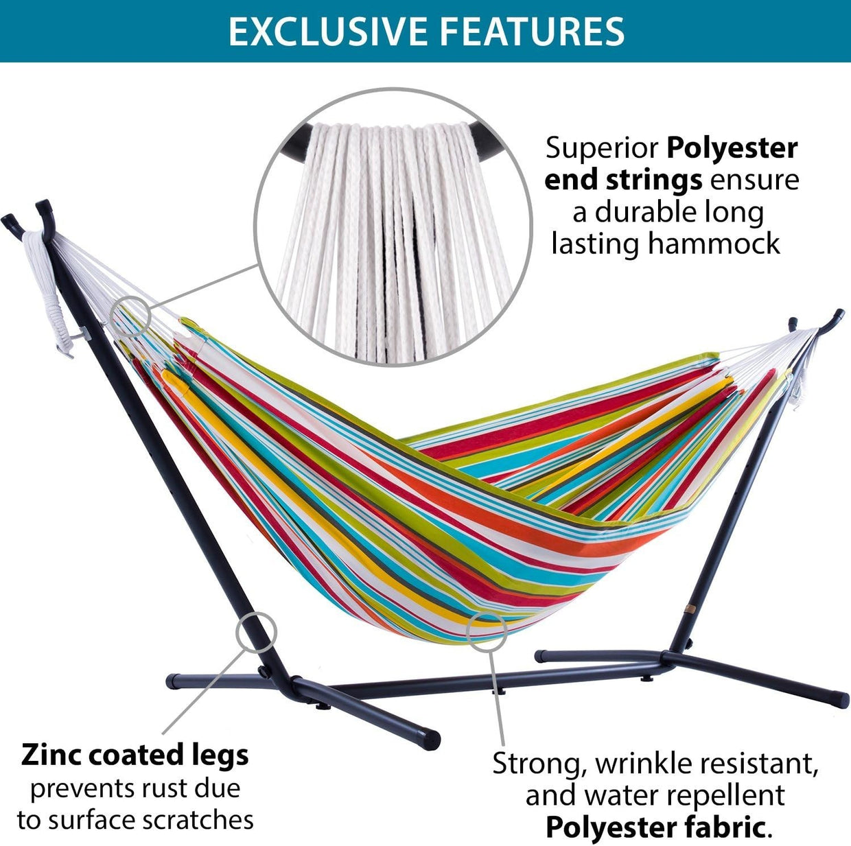 Double Polyester Hammock with Steel Stand, Space - Saving, Adjustable Comfort - Kwikley