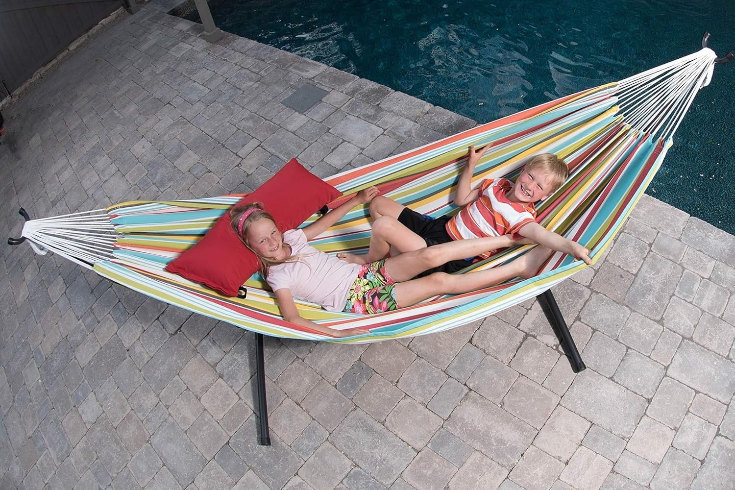 Double Polyester Hammock with Steel Stand, Space - Saving, Adjustable Comfort - Kwikley