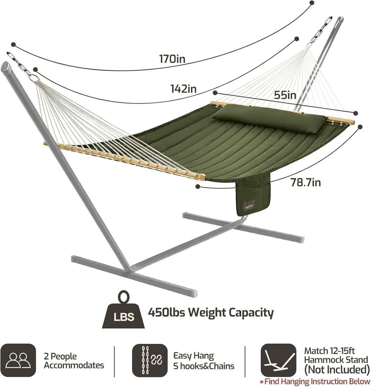 Double Quilted Fabric Hammock with Spreader Bars 2 Person 450LB Outdoor Patio - Kwikley