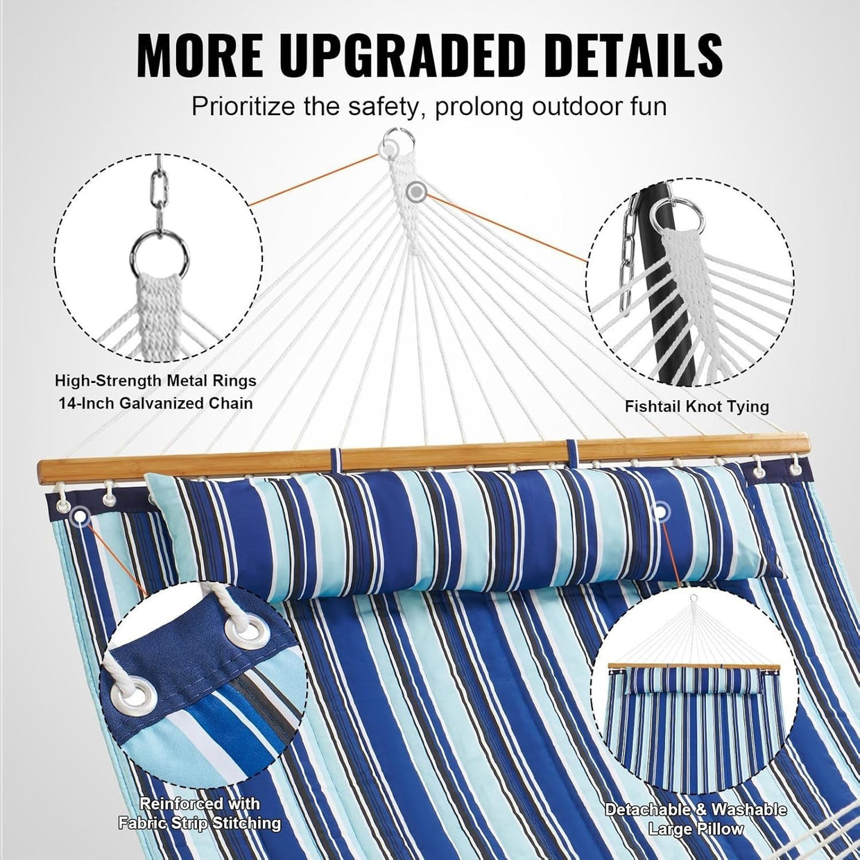 Double Quilted Hammock for 2 w/ Pillow – Outdoor Garden Patio Bed 75"x55" - Kwikley