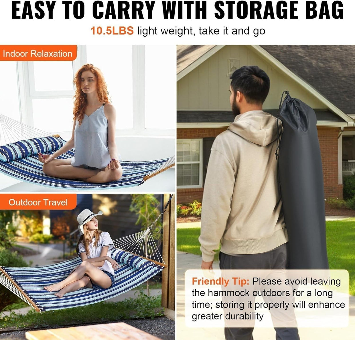 Double Quilted Hammock for 2 w/ Pillow – Outdoor Garden Patio Bed 75"x55" - Kwikley