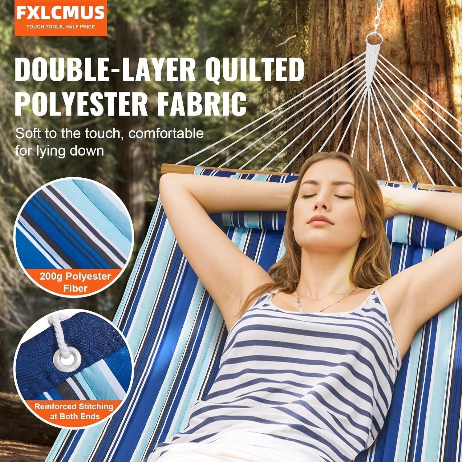 Double Quilted Hammock for 2 w/ Pillow – Outdoor Garden Patio Bed 75"x55" - Kwikley