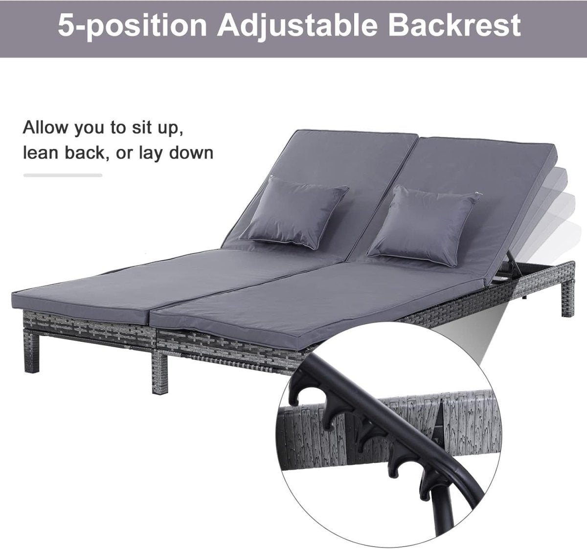 Double Rattan Sun Lounger 2 Seater Garden Daybed Grey Cushion - Kwikley
