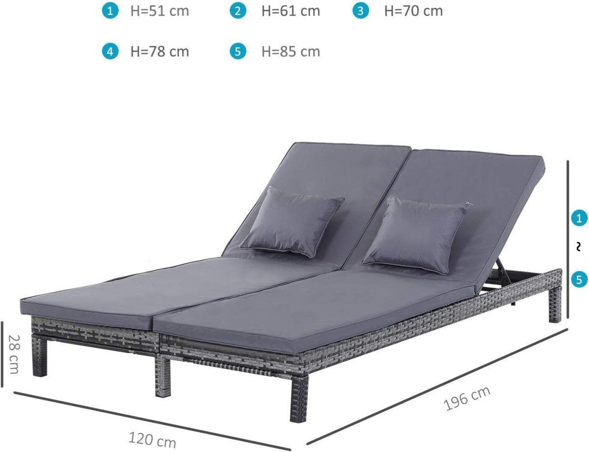 Double Rattan Sun Lounger 2 Seater Garden Daybed Grey Cushion - Kwikley