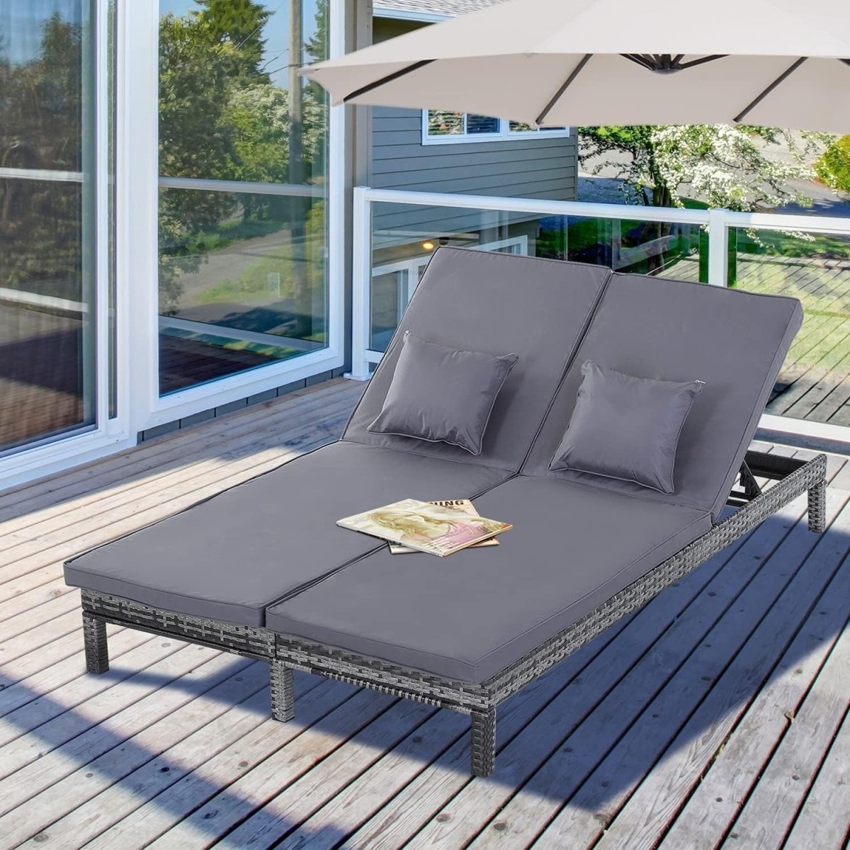 Double Rattan Sun Lounger 2 Seater Garden Daybed Grey Cushion - Kwikley