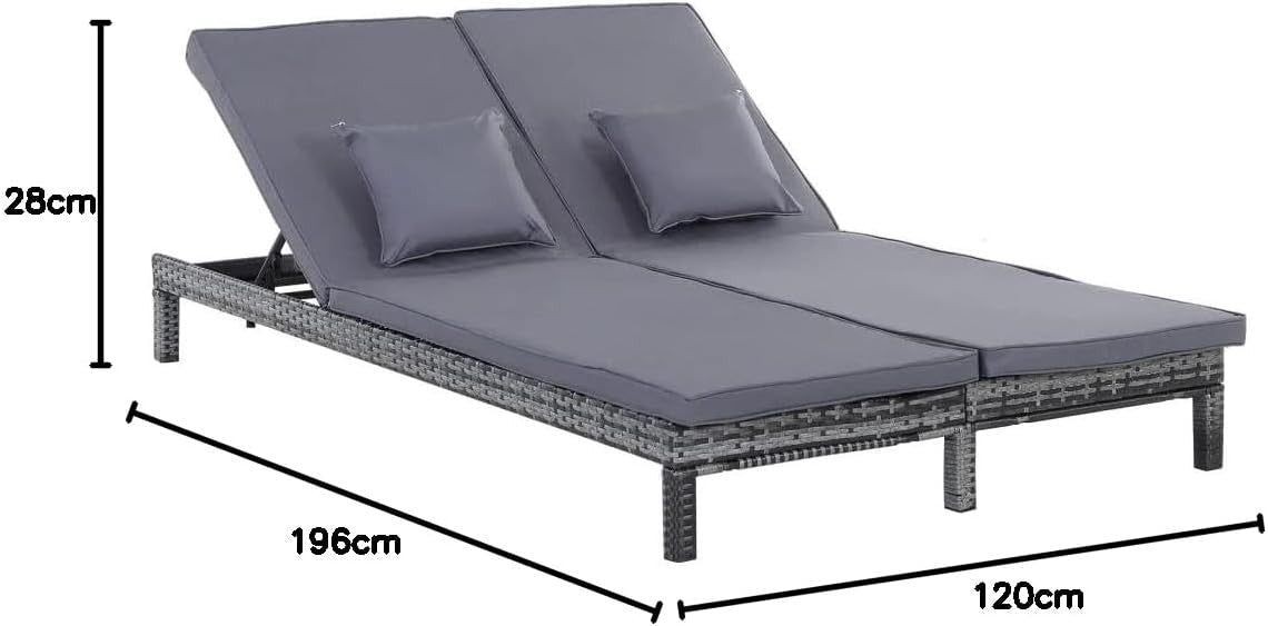 Double Rattan Sun Lounger 2 Seater Garden Daybed Grey Cushion - Kwikley