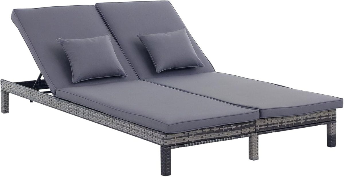 Double Rattan Sun Lounger 2 Seater Garden Daybed Grey Cushion - Kwikley