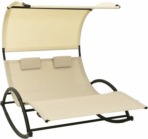 Double Rocking Sun Lounger with Canopy Waterproof Patio Daybed Cream - Kwikley
