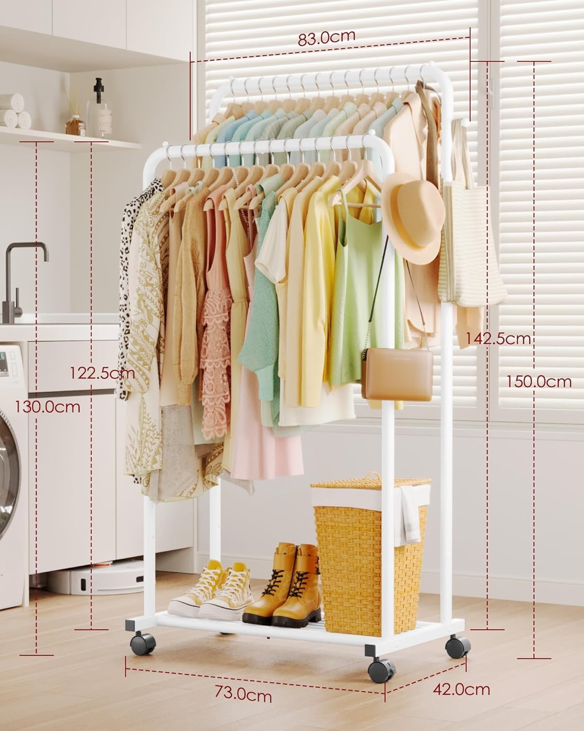 Double Rod Clothes Rail with Shelf & Hooks – White 150cm - Kwikley