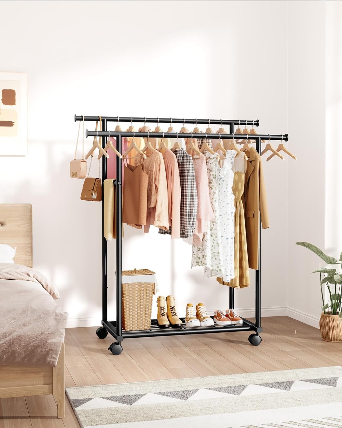 Double Rod Clothes Rail with Shelf & Wheels – Black 150cm - Kwikley