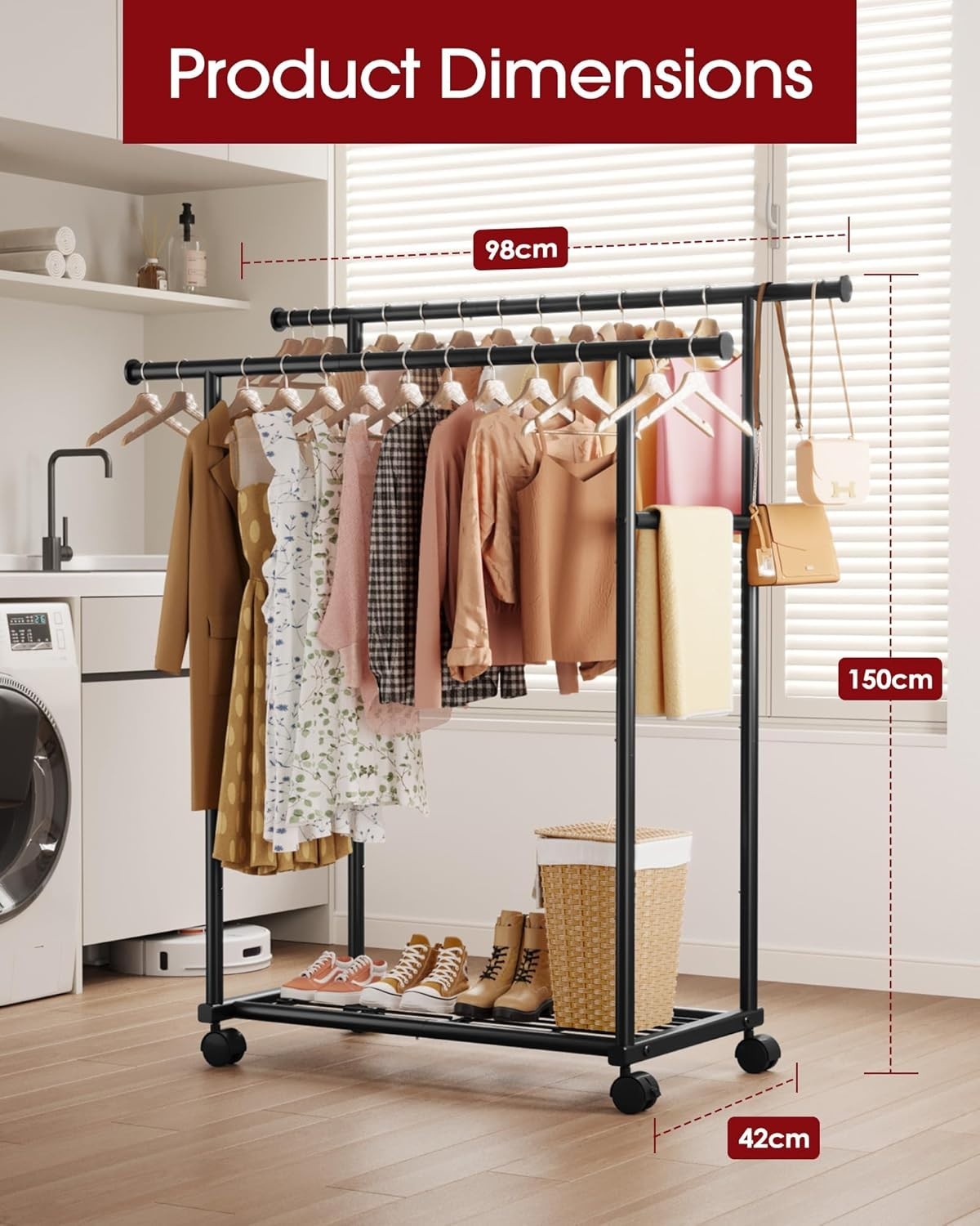 Double Rod Clothes Rail with Shelf & Wheels – Black 150cm - Kwikley
