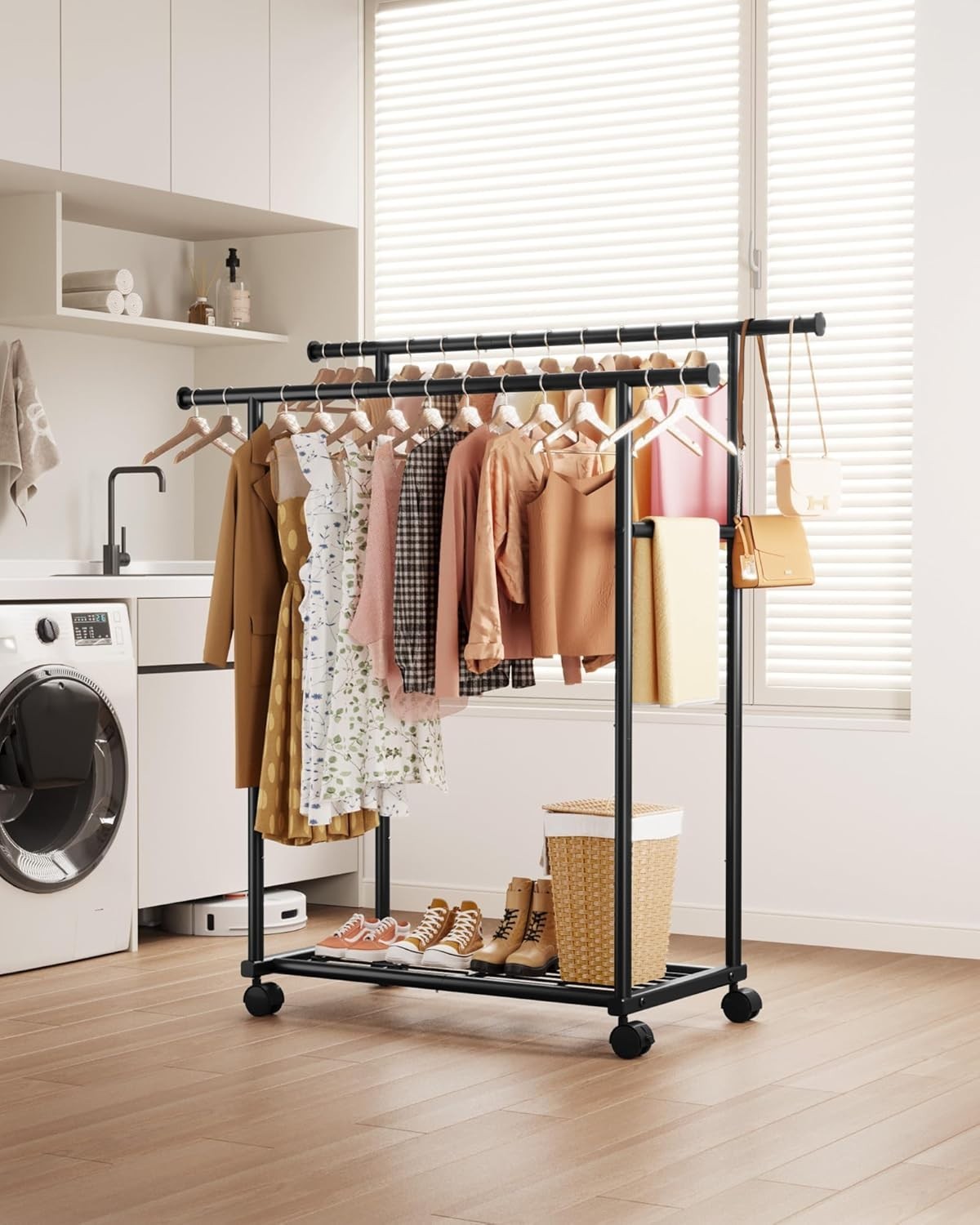 Double Rod Clothes Rail with Shelf & Wheels – Black 150cm - Kwikley