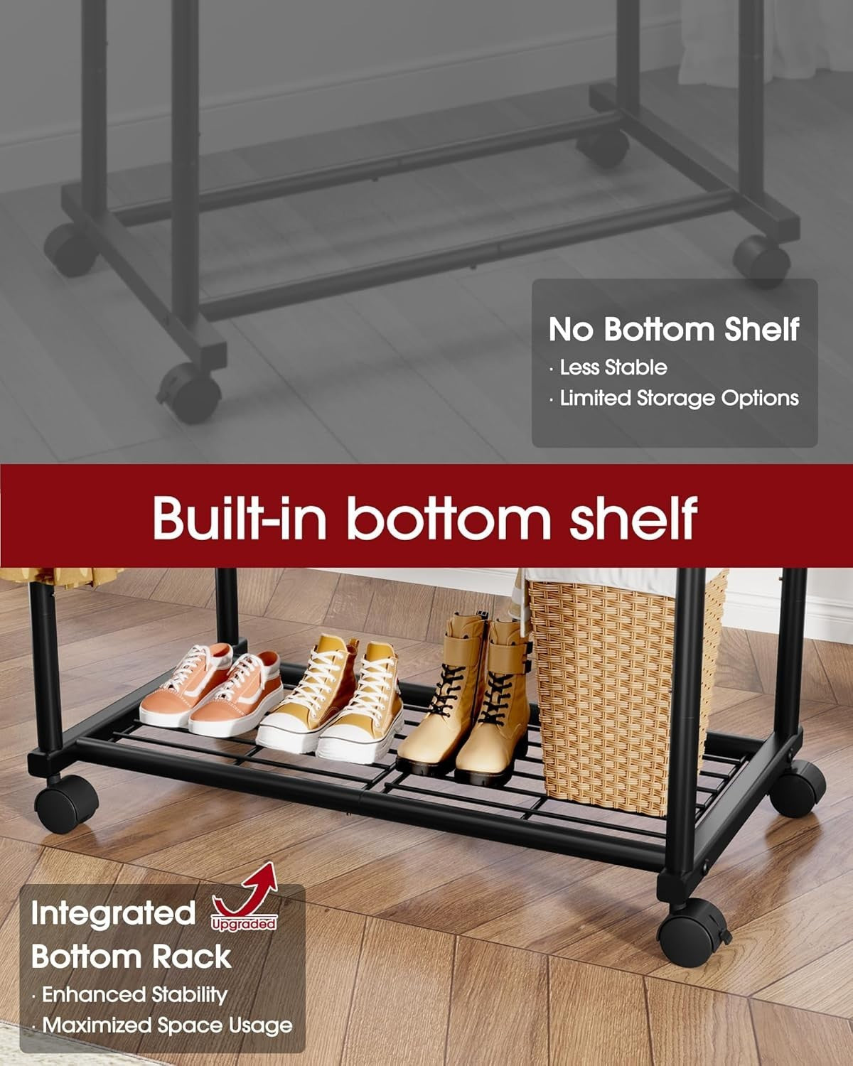 Double Rod Clothes Rail with Shelf & Wheels – Black 150cm - Kwikley