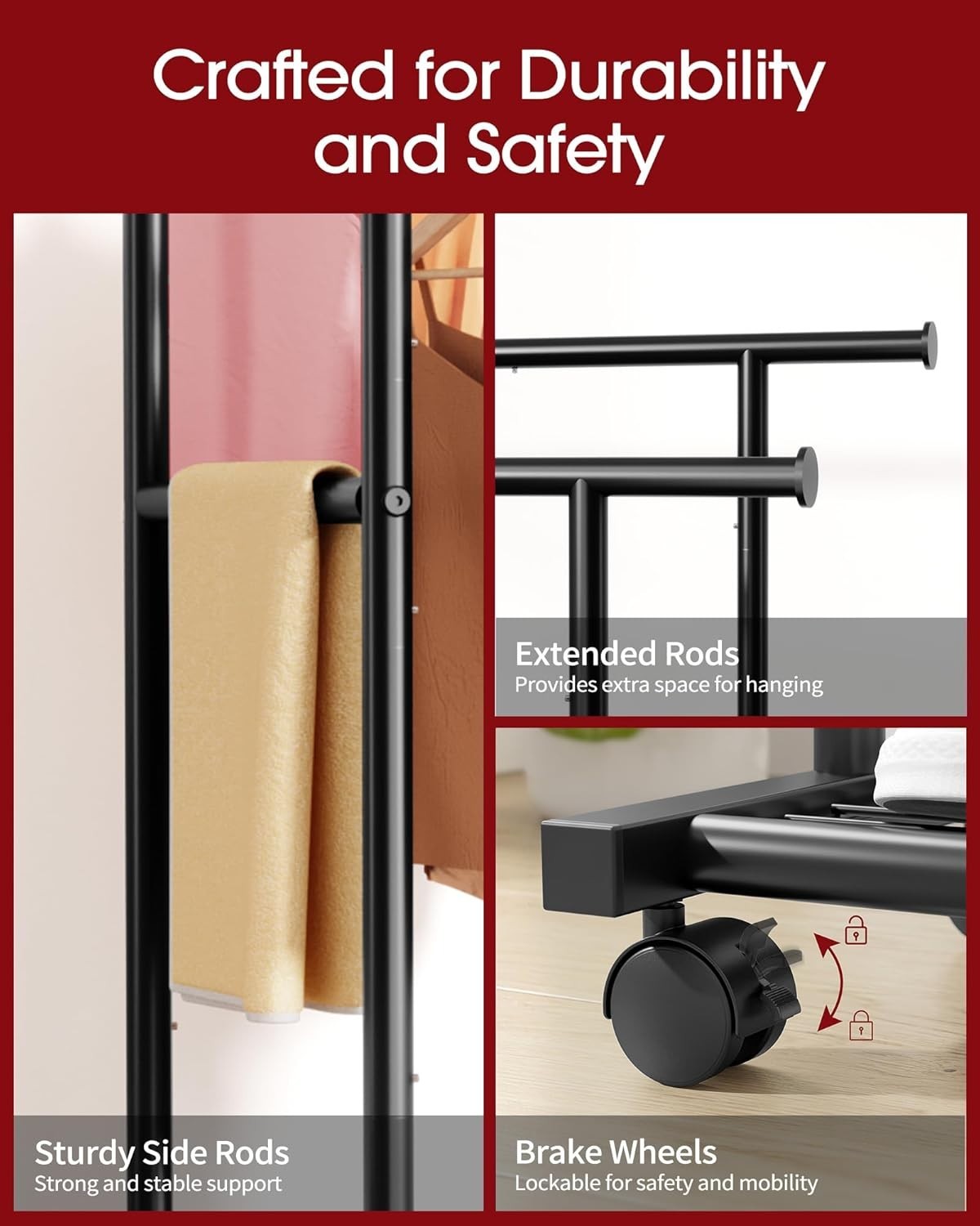 Double Rod Clothes Rail with Shelf & Wheels – Black 150cm - Kwikley