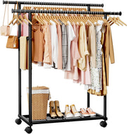 Double Rod Clothes Rail with Shelf & Wheels – Black 150cm - Kwikley