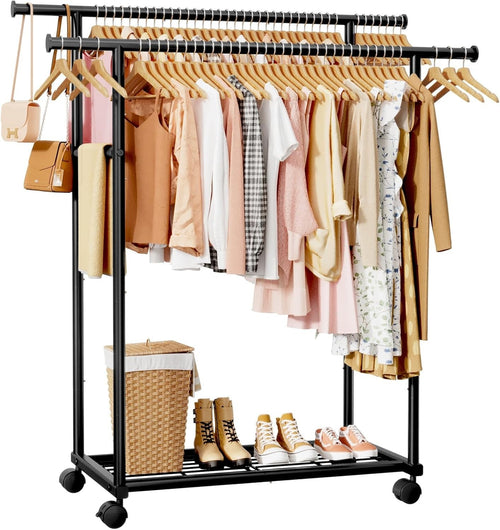 Double Rod Clothes Rail with Shelf & Wheels – Black 150cm - Kwikley