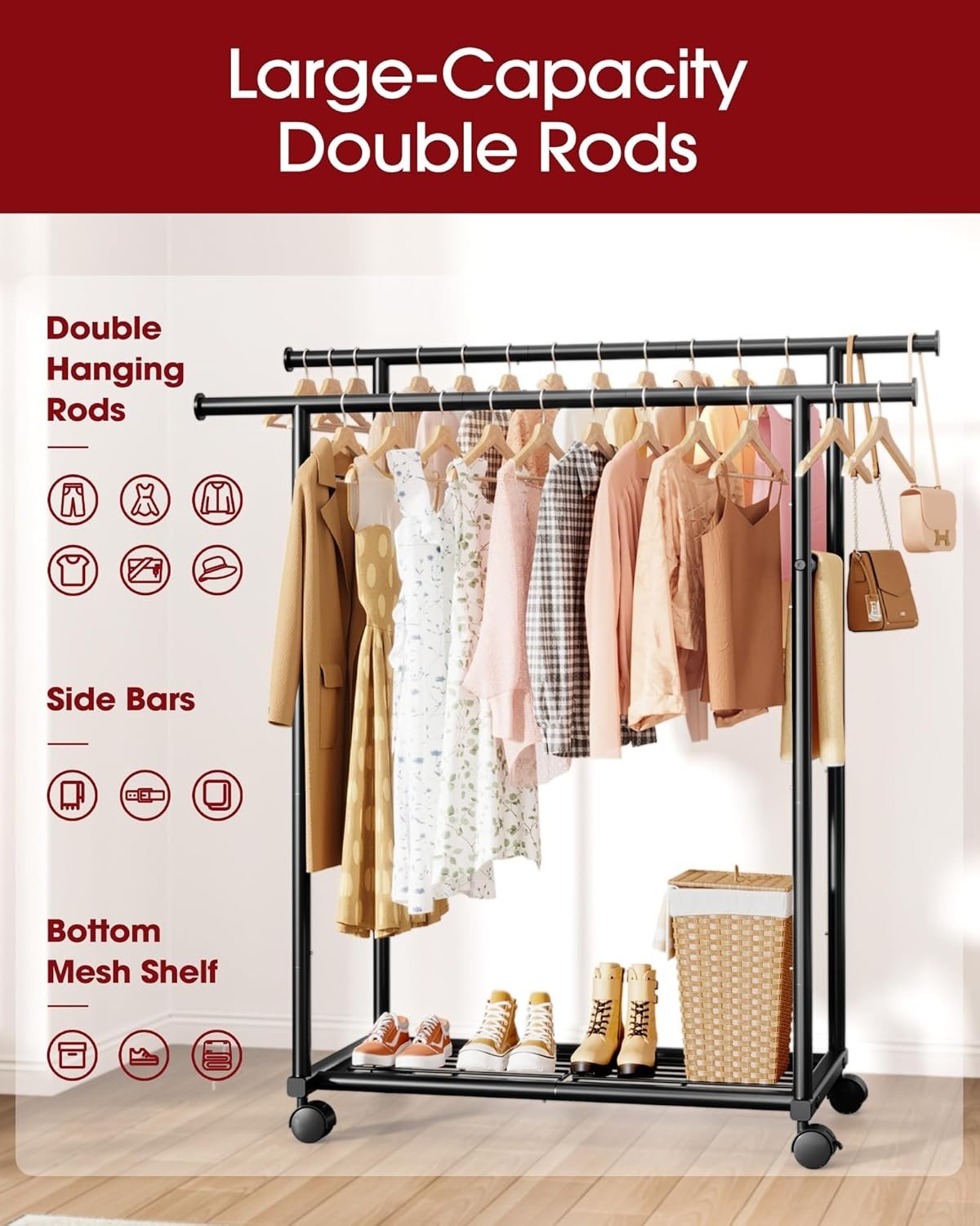 Double Rod Clothes Rail with Shelf & Wheels – Black 150cm - Kwikley