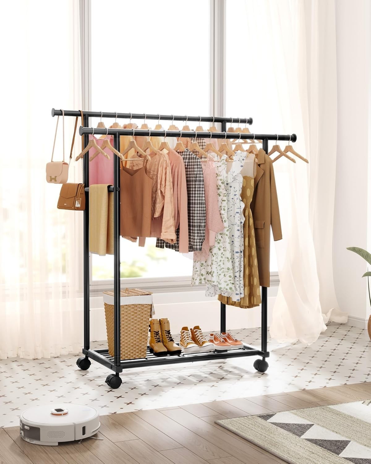 Double Rod Clothes Rail with Shelf & Wheels – Black 150cm - Kwikley
