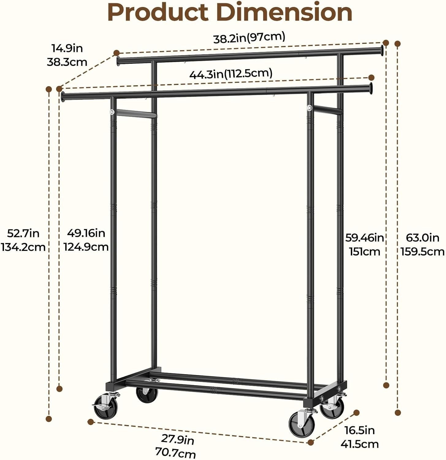 Double Rod Clothes Rail with Wheels & Shelf Heavy Duty Black - Kwikley