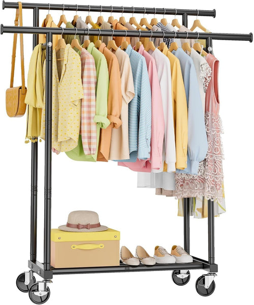 Double Rod Clothes Rail with Wheels & Shelf Heavy Duty Black - Kwikley