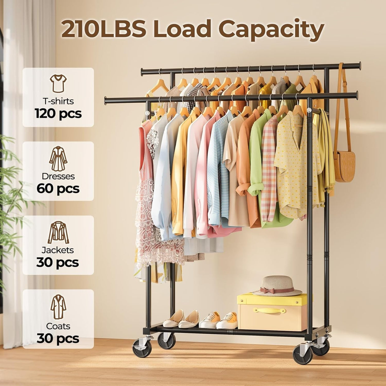 Double Rod Clothes Rail with Wheels & Shelf Heavy Duty Black - Kwikley