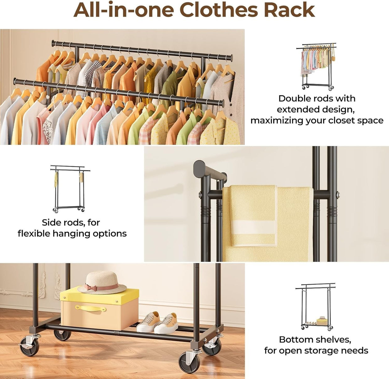 Double Rod Clothes Rail with Wheels & Shelf Heavy Duty Black - Kwikley