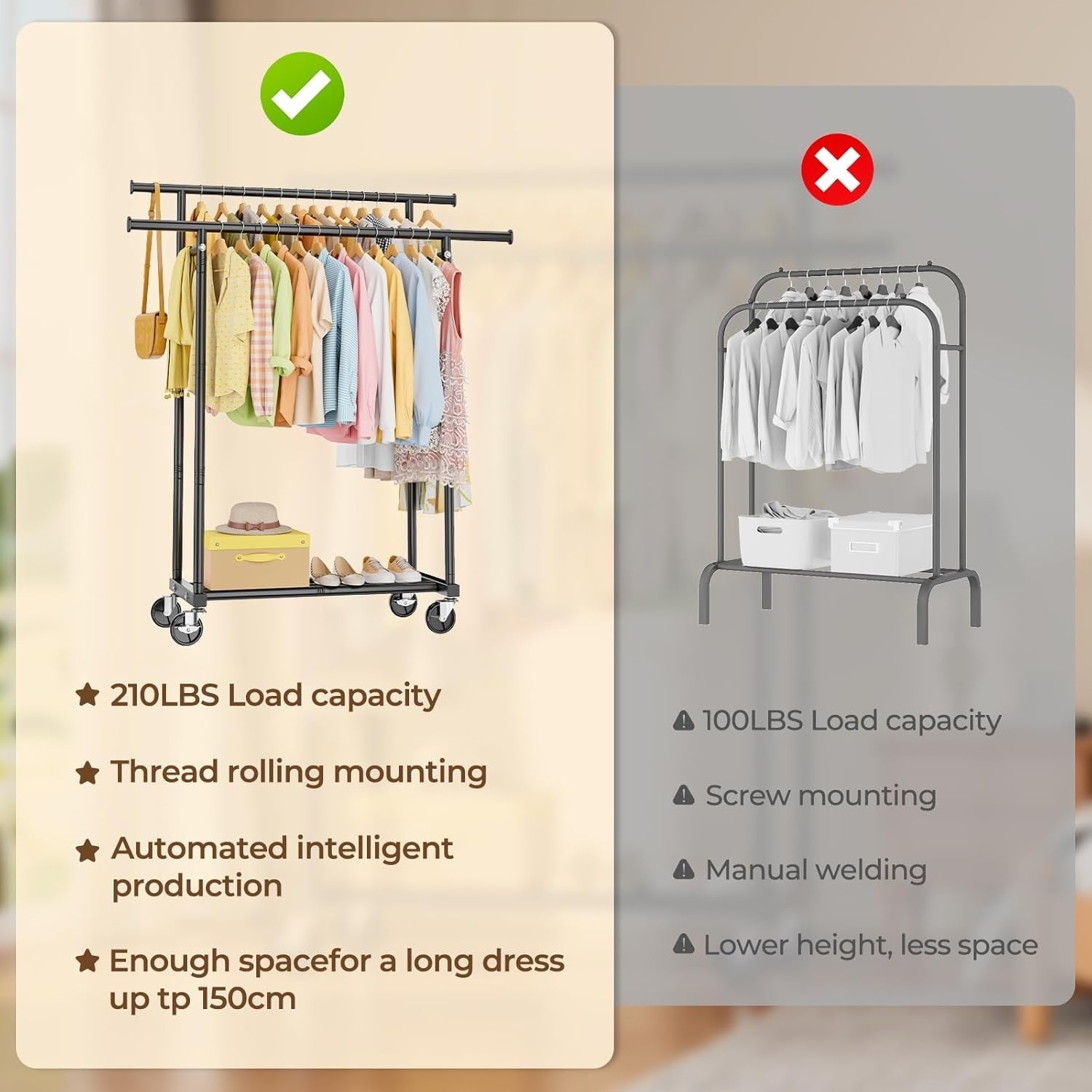 Double Rod Clothes Rail with Wheels & Shelf Heavy Duty Black - Kwikley
