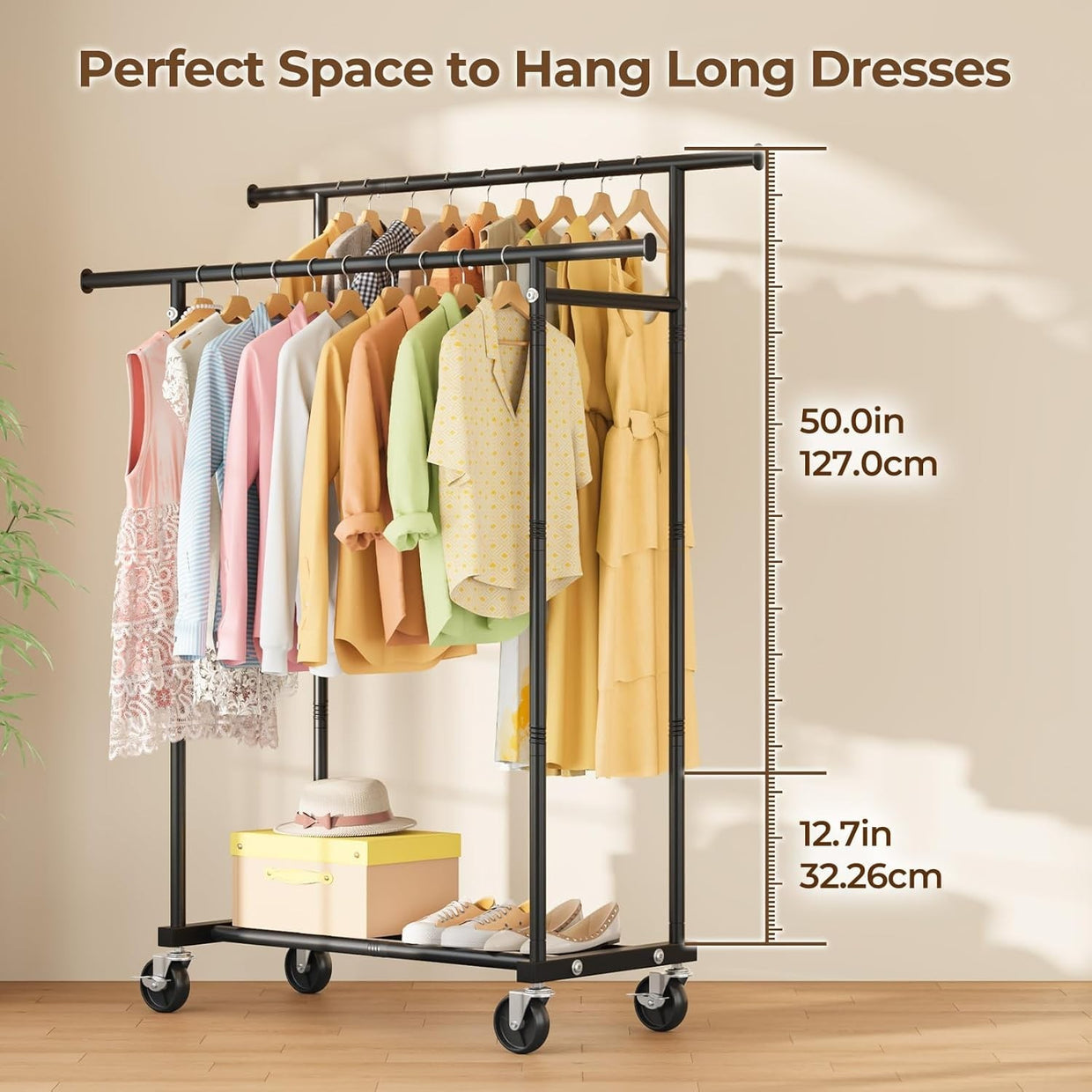 Double Rod Clothes Rail with Wheels & Shelf Heavy Duty Black - Kwikley
