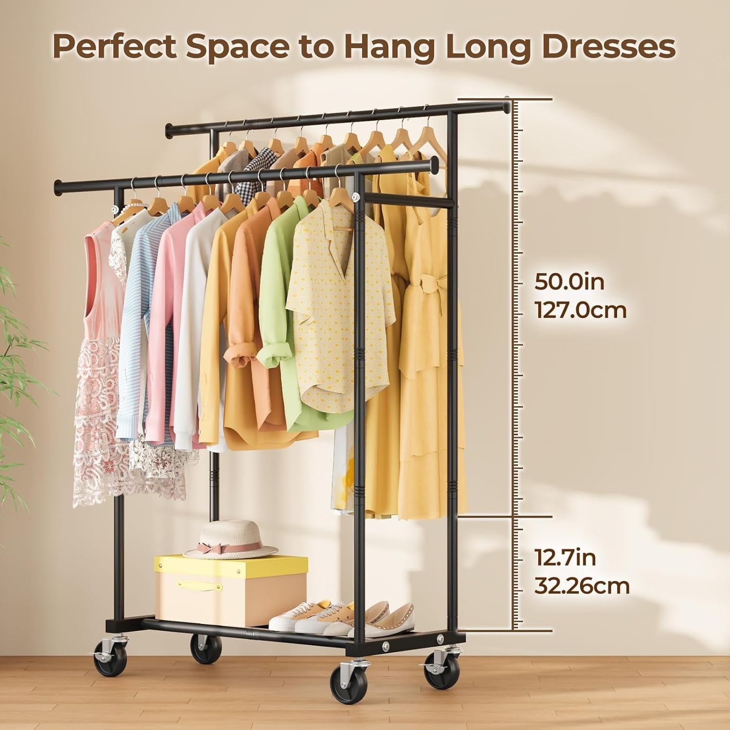 Double Rod Clothes Rail with Wheels & Shelf Heavy Duty Black - Kwikley