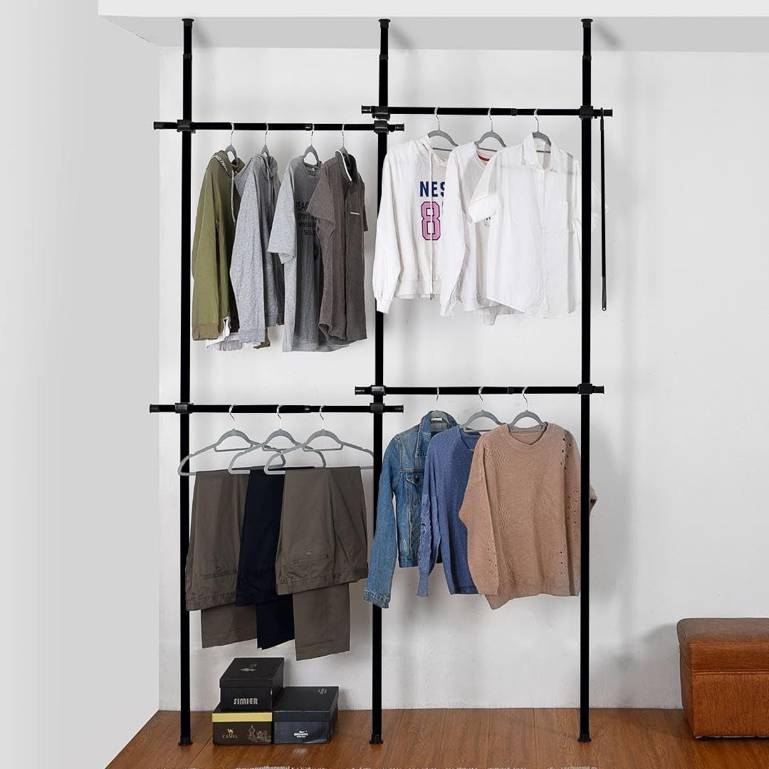 Double Telescopic Adjustable Wardrobe Clothes Rail Black - Kwikley