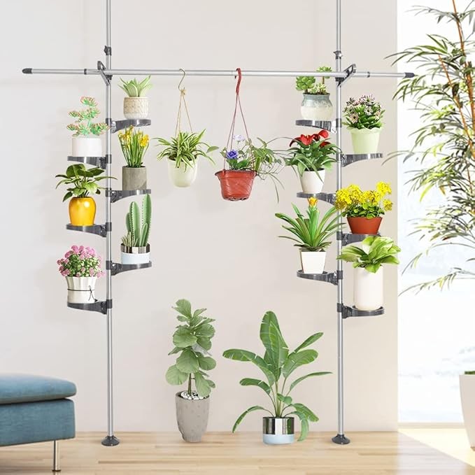 Double Tension Pole Plant Stand 12 Tier Adjustable Grey Indoor Flower Rack - Kwikley
