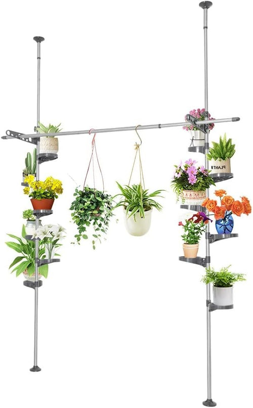Double Tension Pole Plant Stand 12 Tier Adjustable Grey Indoor Flower Rack - Kwikley