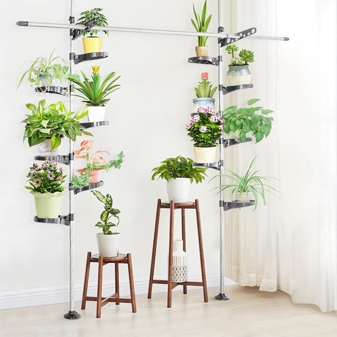Double Tension Pole Plant Stand 12 Tier Adjustable Grey Indoor Flower Rack - Kwikley