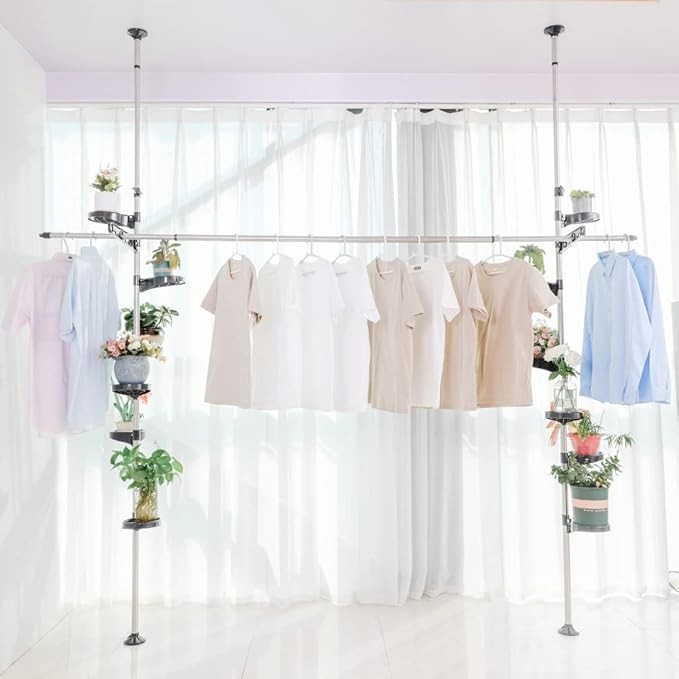 Double Tension Pole Plant Stand 12 Tier Adjustable Grey Indoor Flower Rack - Kwikley