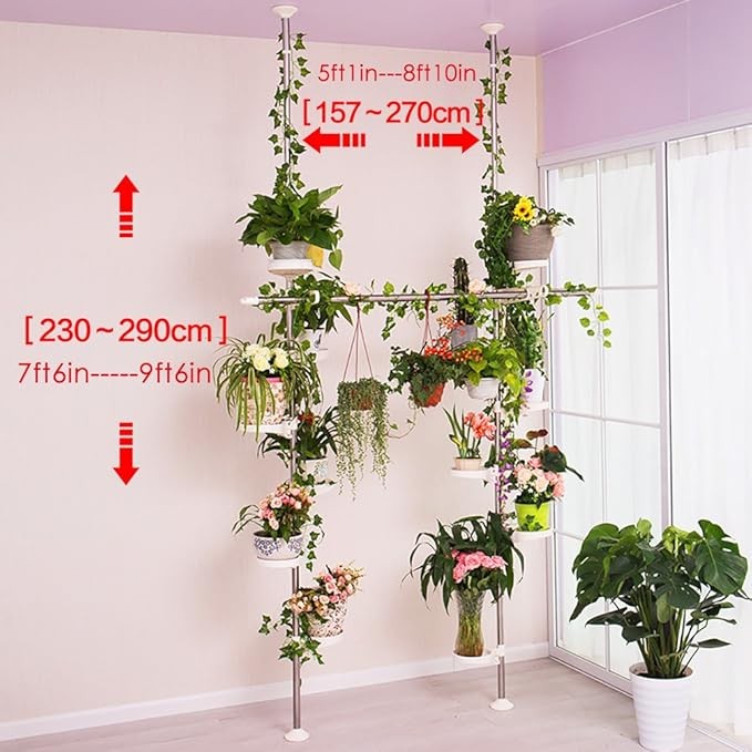 Double Tension Pole Plant Stand 12 Tier Adjustable Indoor Flower Rack Ivory - Kwikley