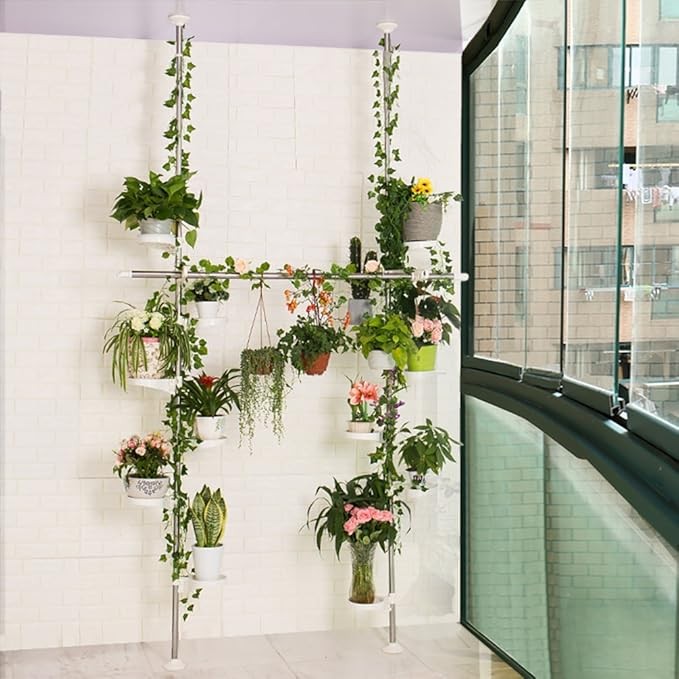 Double Tension Pole Plant Stand 12 Tier Adjustable Indoor Flower Rack Ivory - Kwikley