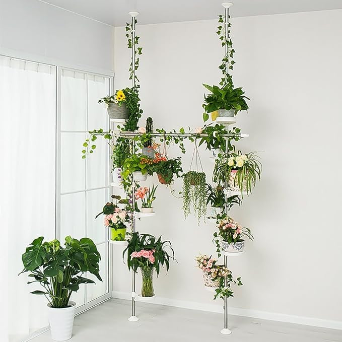 Double Tension Pole Plant Stand 12 Tier Adjustable Indoor Flower Rack Ivory - Kwikley