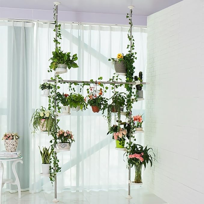 Double Tension Pole Plant Stand 12 Tier Adjustable Indoor Flower Rack Ivory - Kwikley