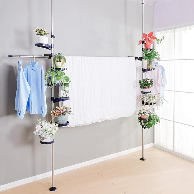 Double Tension Pole Plant Stand 12 Tier Adjustable Indoor Hanging Rack Blue - Kwikley