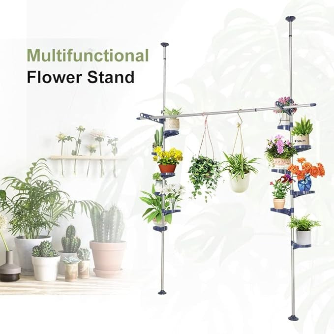 Double Tension Pole Plant Stand 12 Tier Adjustable Indoor Hanging Rack Blue - Kwikley