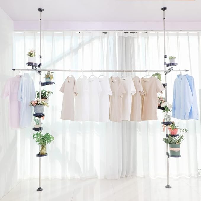Double Tension Pole Plant Stand 12 Tier Adjustable Indoor Hanging Rack Blue - Kwikley