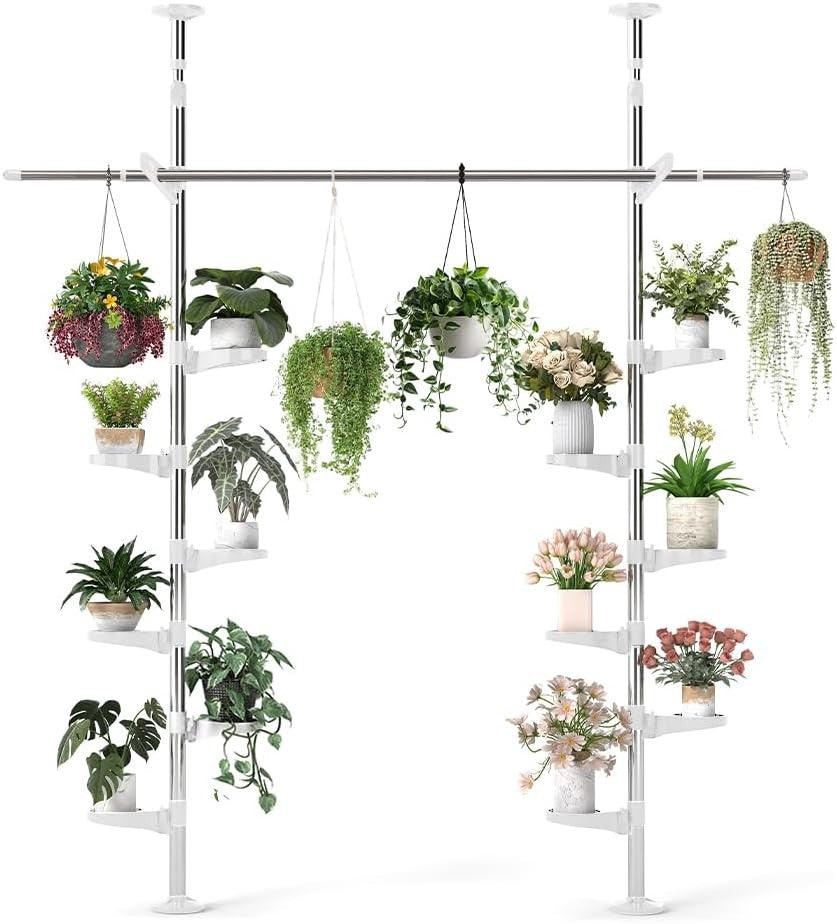 Double Tension Pole Plant Stand Indoor Adjustable 12 Tray Flower Shelf Rack - Kwikley