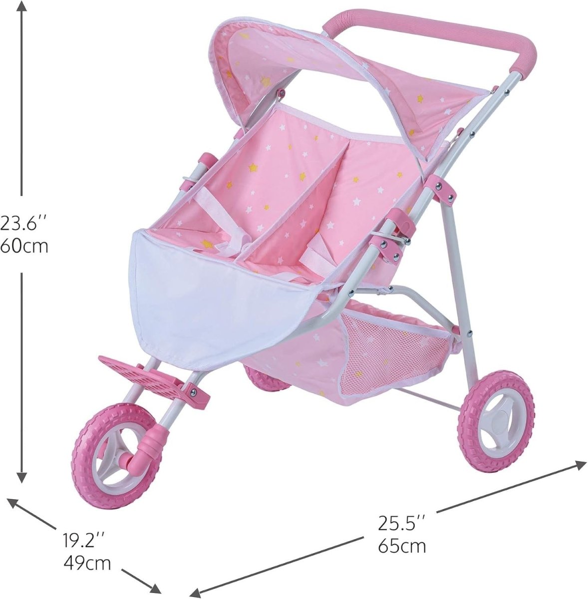 Double Twin Dolls Pram Stroller Pushchair for 16 - 18" Dolls – Pink Stars - Kwikley