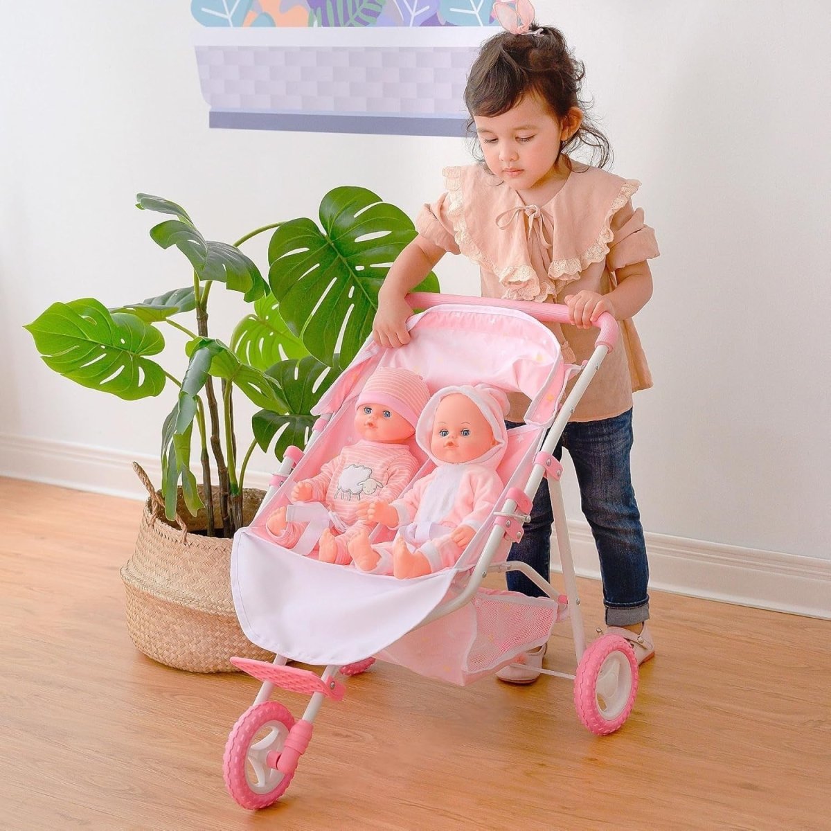 Double Twin Dolls Pram Stroller Pushchair for 16 - 18" Dolls – Pink Stars - Kwikley