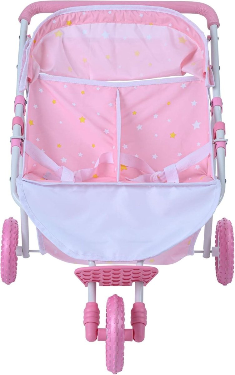 Double Twin Dolls Pram Stroller Pushchair for 16 - 18" Dolls – Pink Stars - Kwikley