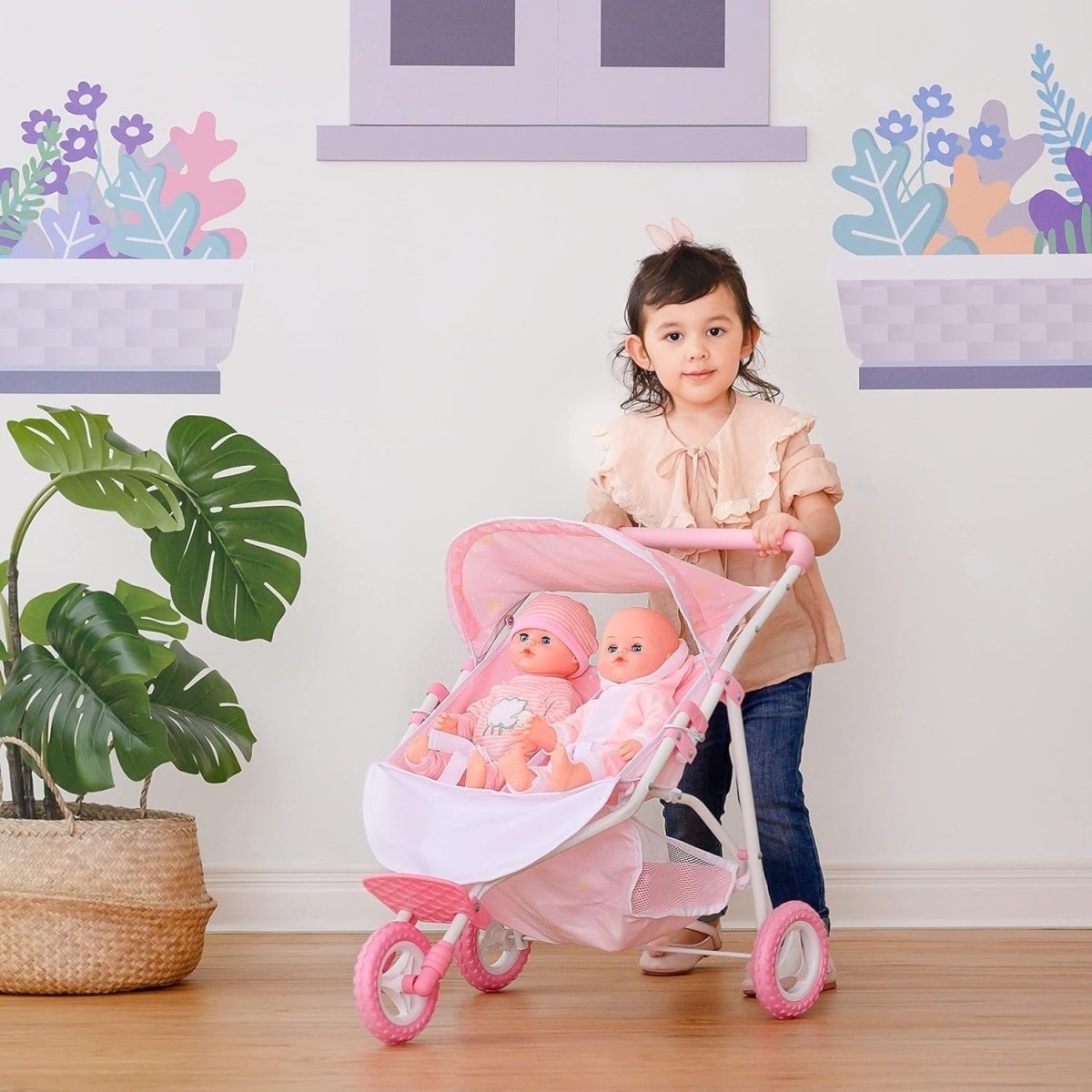 Double Twin Dolls Pram Stroller Pushchair for 16 - 18" Dolls – Pink Stars - Kwikley