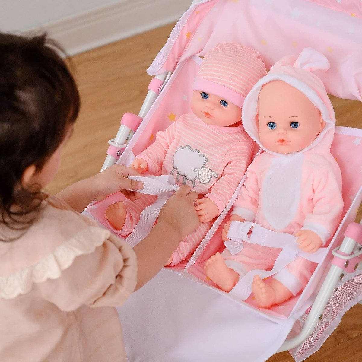 Double Twin Dolls Pram Stroller Pushchair for 16 - 18" Dolls – Pink Stars - Kwikley