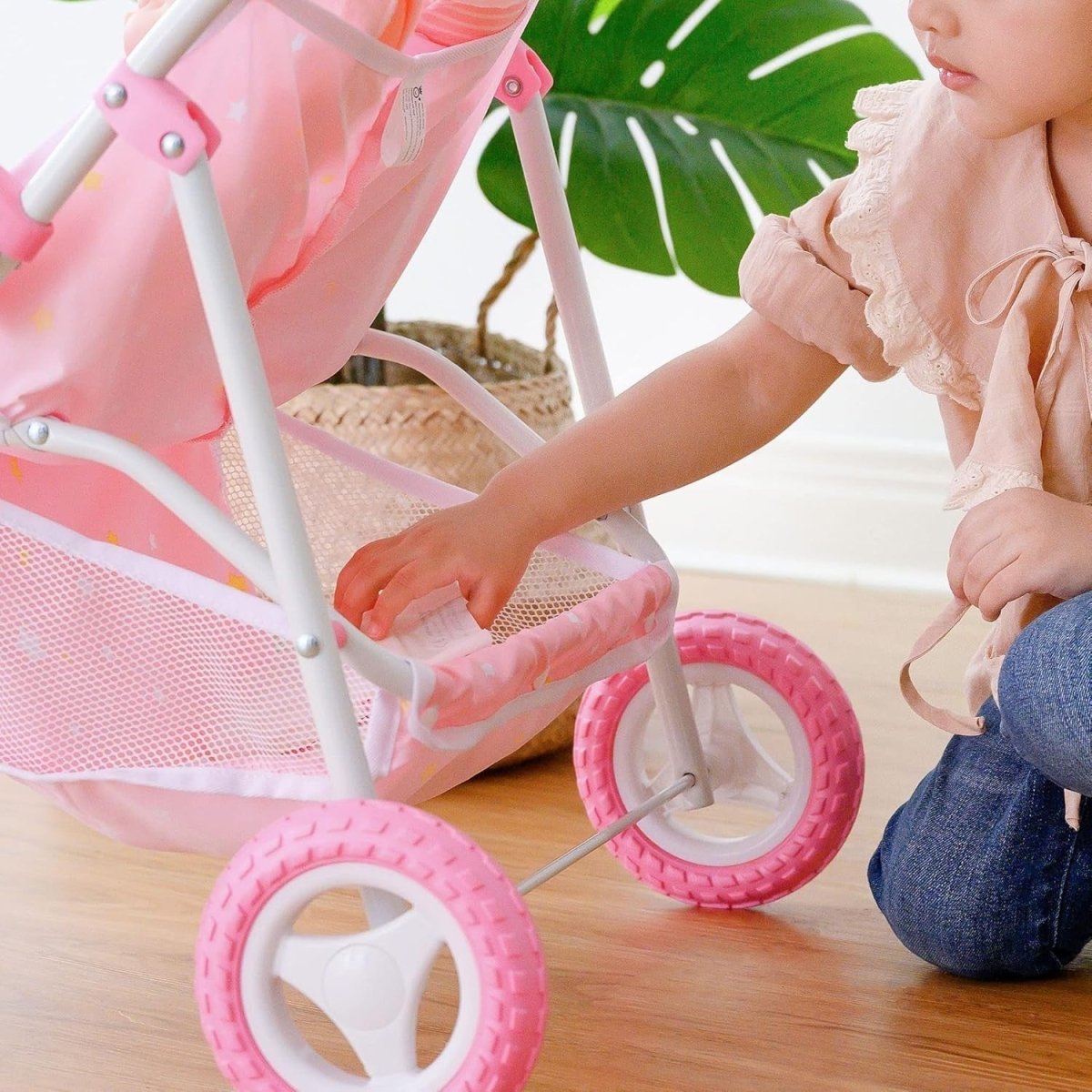 Double Twin Dolls Pram Stroller Pushchair for 16 - 18" Dolls – Pink Stars - Kwikley